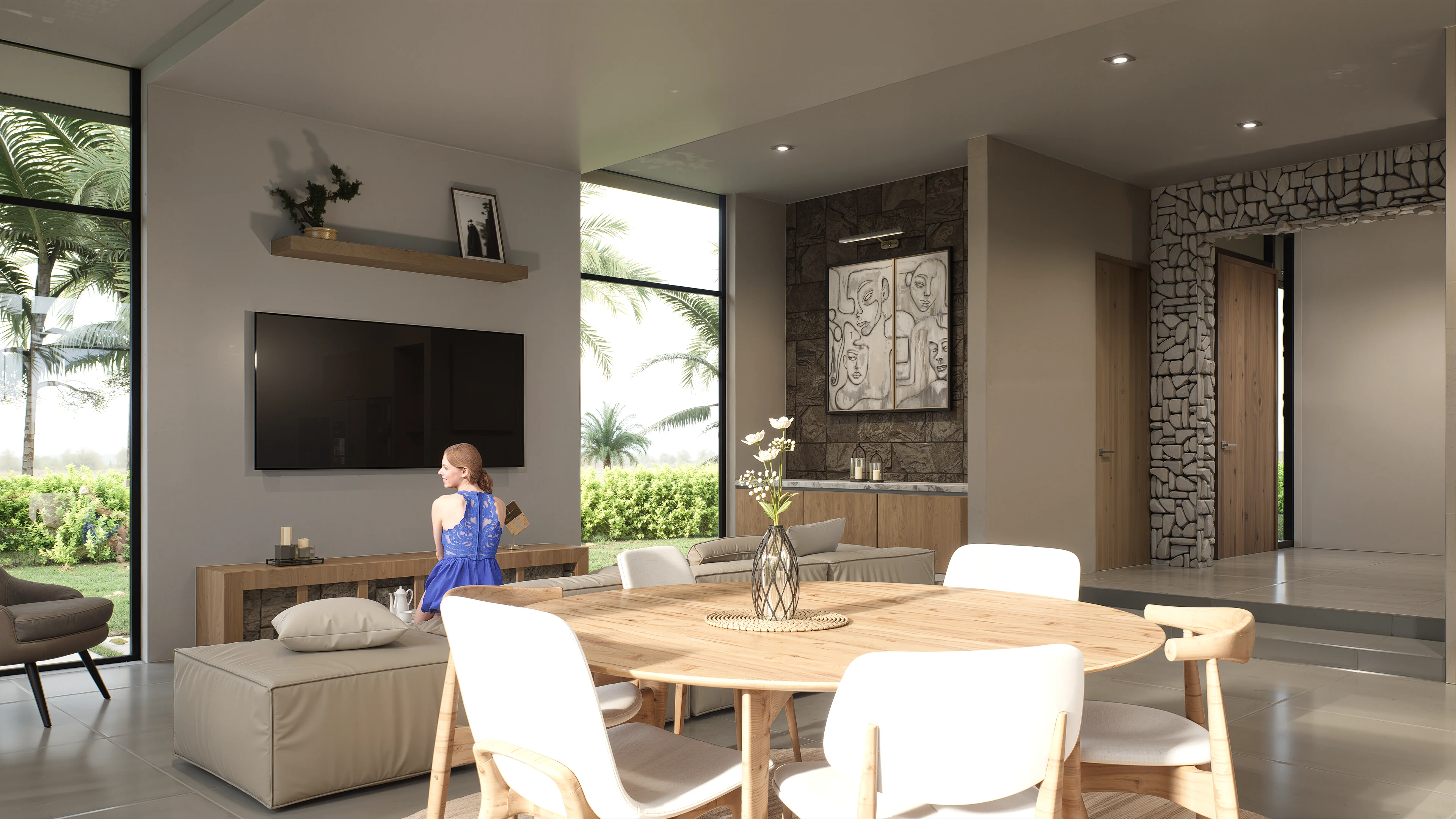 Comedor con mesa circular y sillas blancas — Casa Místico