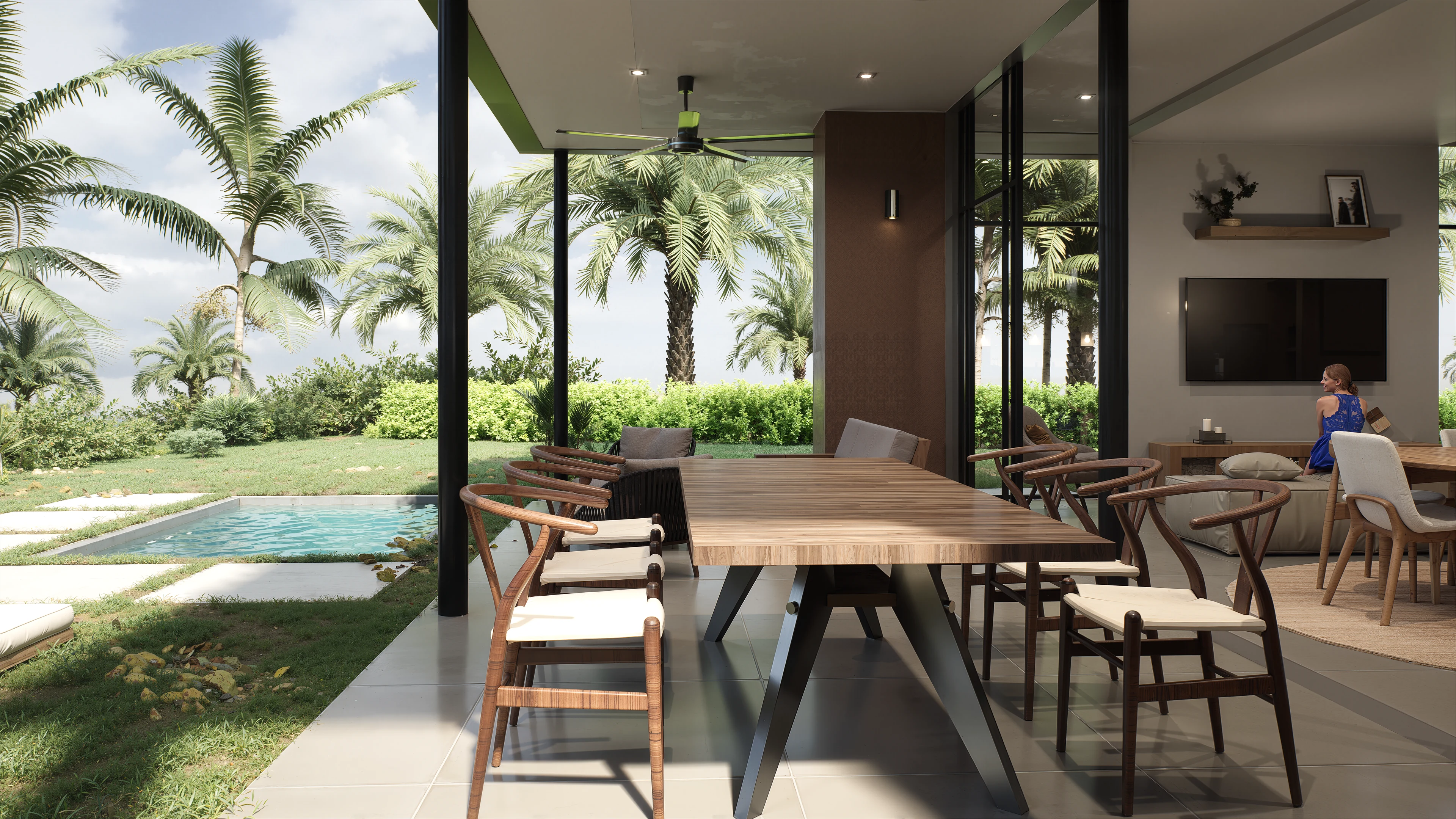 Vista panorámica de la sala con acceso al exterior tropical — Casa Místico